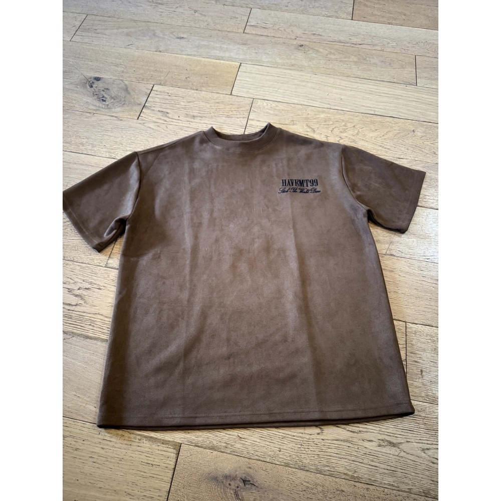 HAVEMT99 Mens XL Brown Faux Suede Feel‎ T Shirt Streetwear Graphic Print
